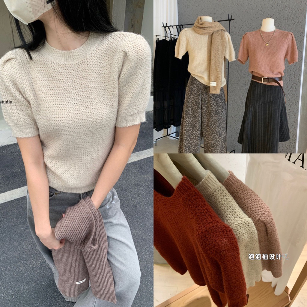 NHY.studio /WGWE/ สเวตเตอร์ผ้าทอคอกลมขั้นพื้นฐานแขนพัฟ 7574