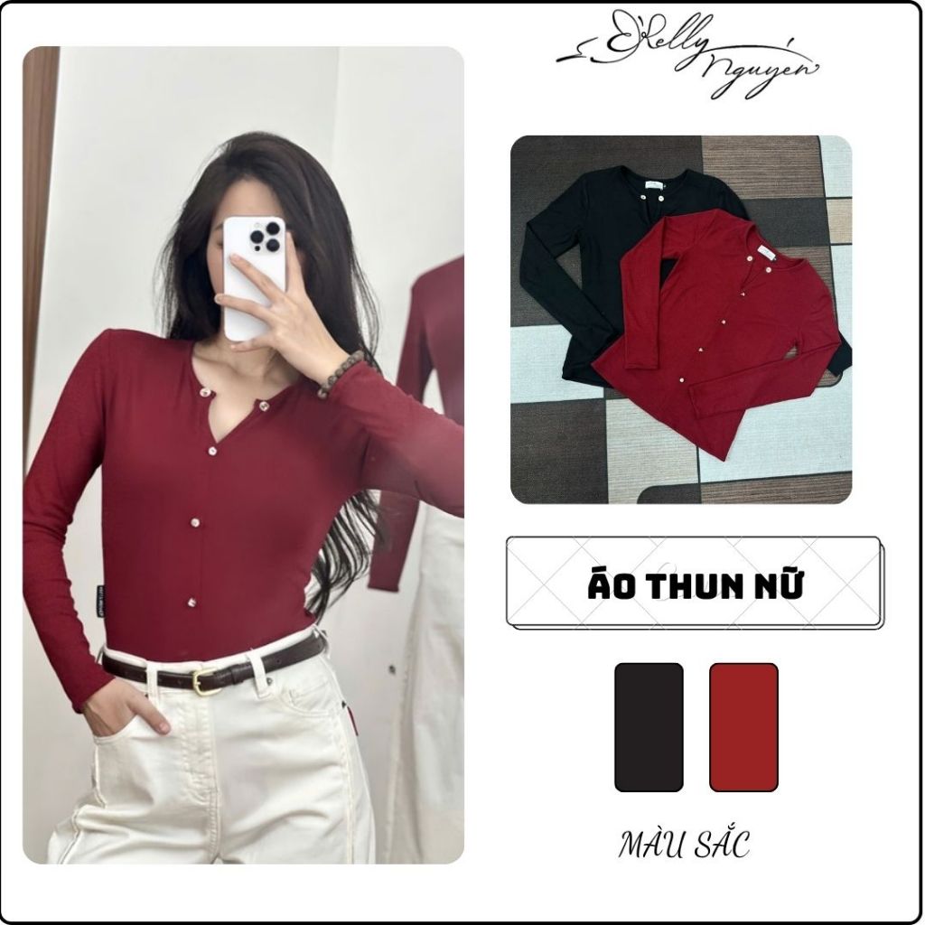 เสื้อยืดสตรี LONG-SLEEVE พร้อมกระดุมโลหะ HEARTNECKLACE - SLIM FORM KELLY NGUYEN - AT001