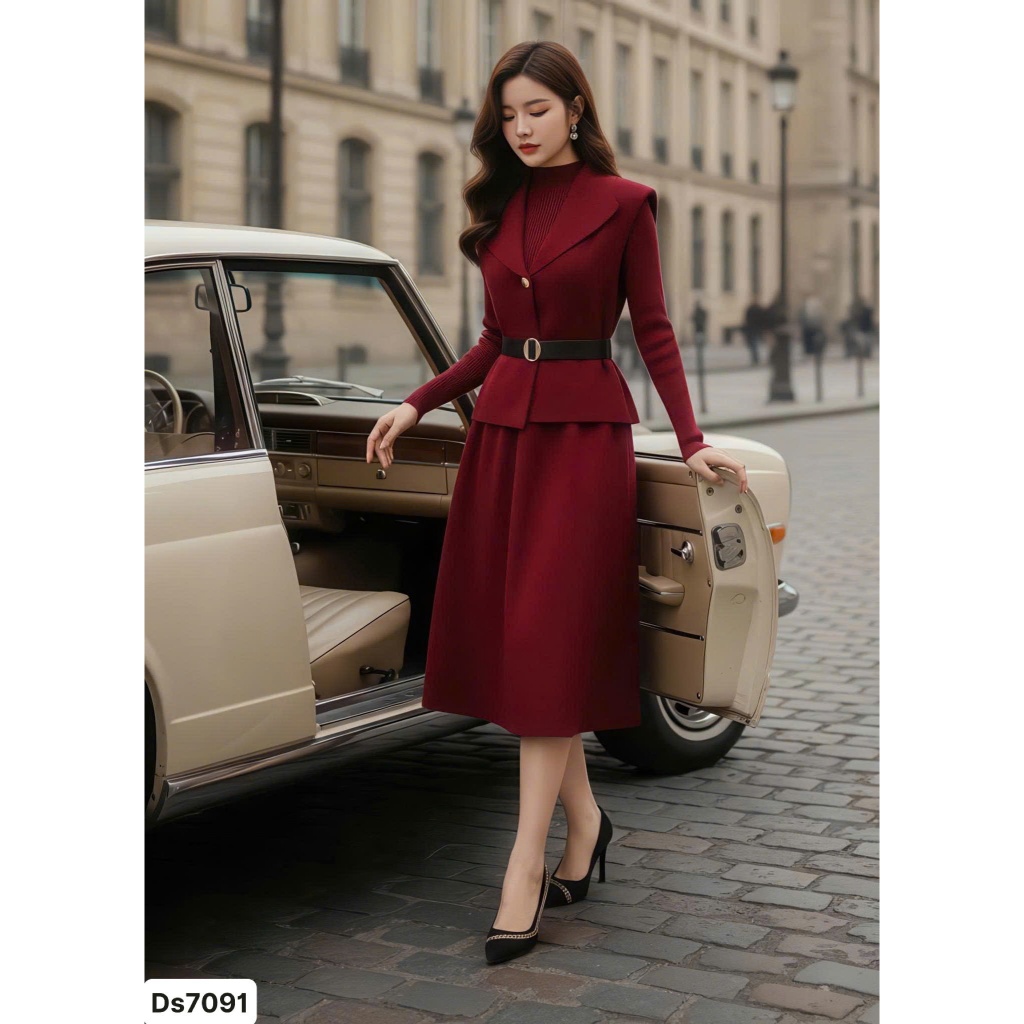 DS7091 - ชุดขนสัตว์สีแดงพร้อมกระโปรงบานและคอปกเสื้อกั๊ก Gilet (ฟรีไซส์) - Dolce Viva Collection (DVC