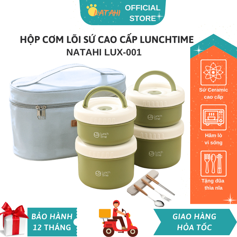 Lunch Time NATAHI LUX001 office กล่องข้าวแกนเซรามิกคุณภาพสูง เปลือกพลาสติก PP5 คุณภาพ มาพร้อมกระเป๋าและตะเกียบไม้ กล่องช้อนและส้อม