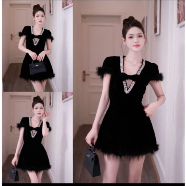 ชุดเดรสทรงเอ Rhinestone กํามะหยี่มีโบว์และขนนกนุ่ม