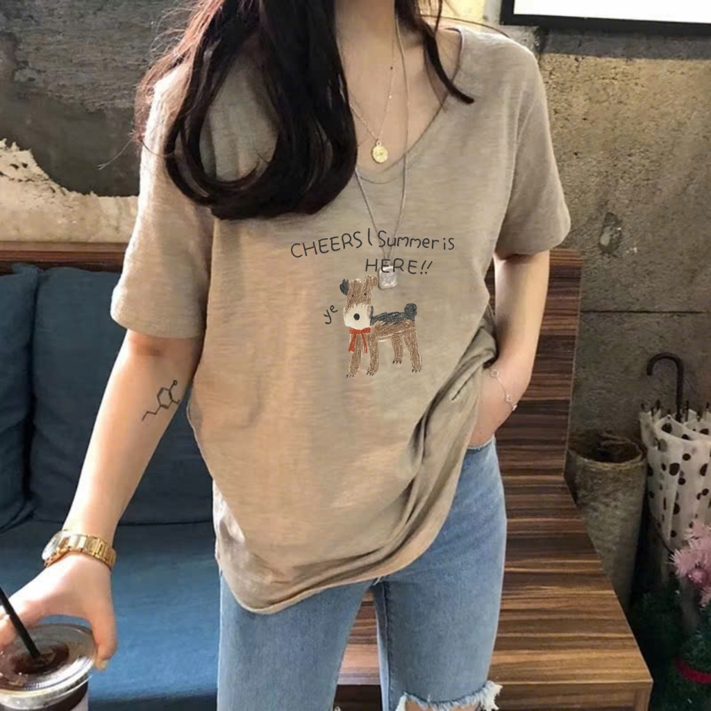 เสื้อยืดคอปก Bau นุ่มบางและเบาพิมพ์ลายน่ารัก - เสื้อยืดคุณภาพ NEONVN Autumn แขนสั้น