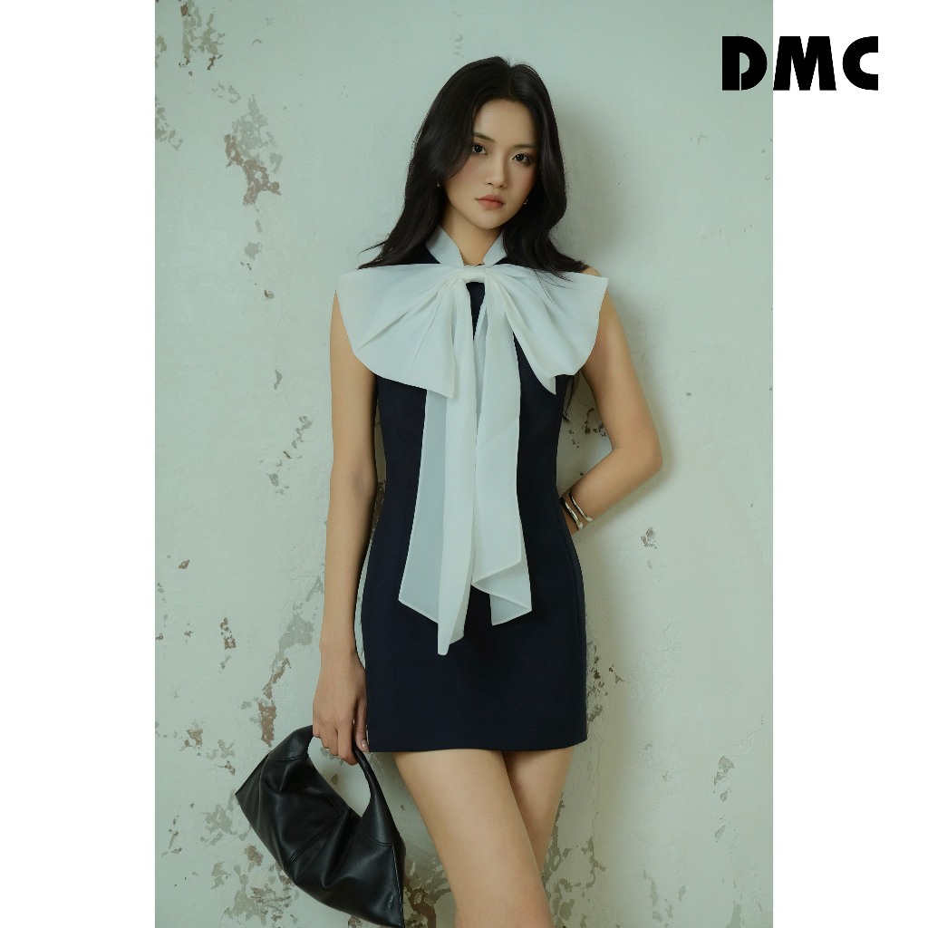 DMC เดรสแขนกุดสีกรมท่าคอปกโบว์ (เดรสทรงหลวมสีกรมเข้ม)