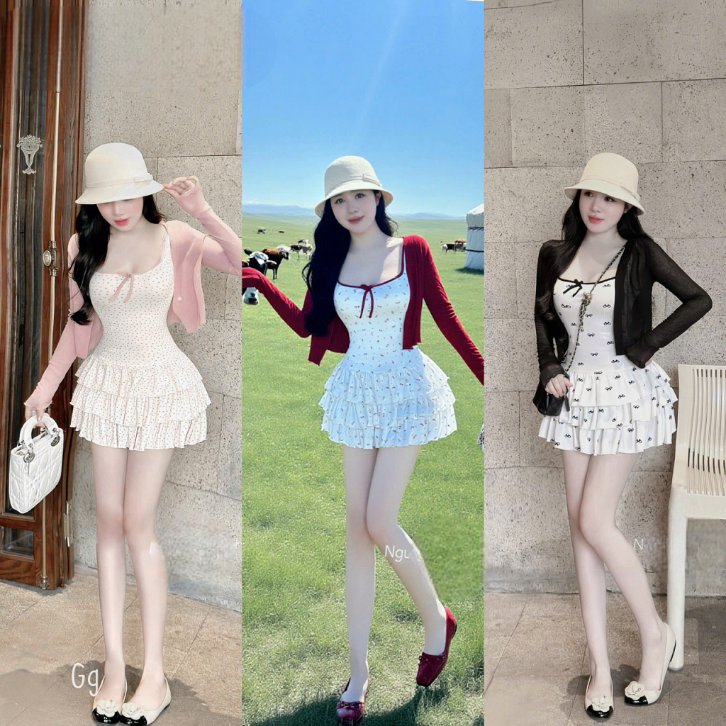 Set ชุดทูพีซพร้อมเดรสบานสั้นโบว์และลายดอกไม้พร้อมแจ็คเก็ต - GG30715