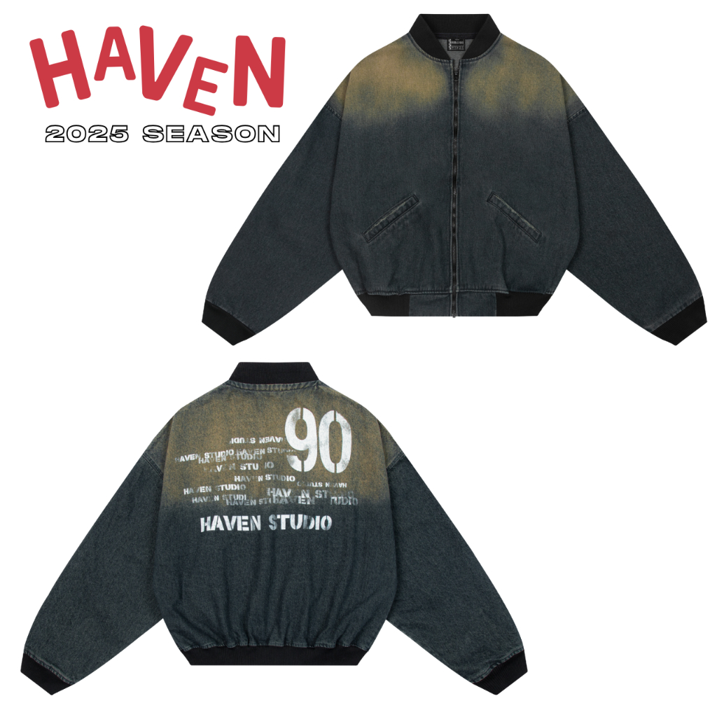 Haven Studio กางเกงยีนส์ Bomber Jacket หลวมรูปแบบล้างกางเกงยีนส์สําหรับผู้ชายและผู้หญิง Streetwear ส