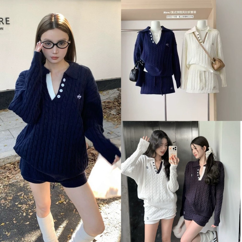 HANA.ผ้า// เสื้อกันหนาวพร้อมกระโปรงโลโก้ R ชุดขนสัตว์ Mai Puchong Bui พร้อมกระโปรงผ้าวูลบิด Slim NEW