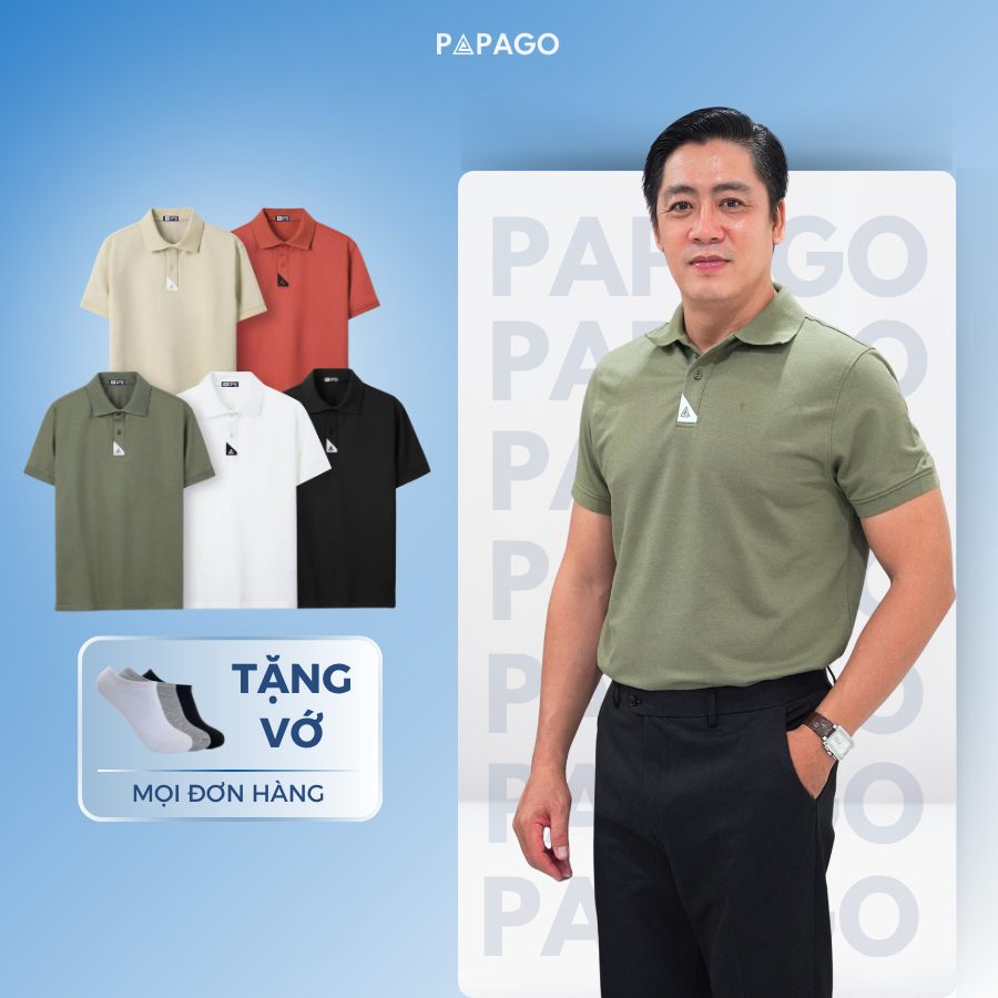 PAPAGO Middle-Aed Mens Premium เสื้อโปโลผ้าฝ้ายเพชรหลวมรูปแบบปักเสาโลโก้ - P25PLCT004