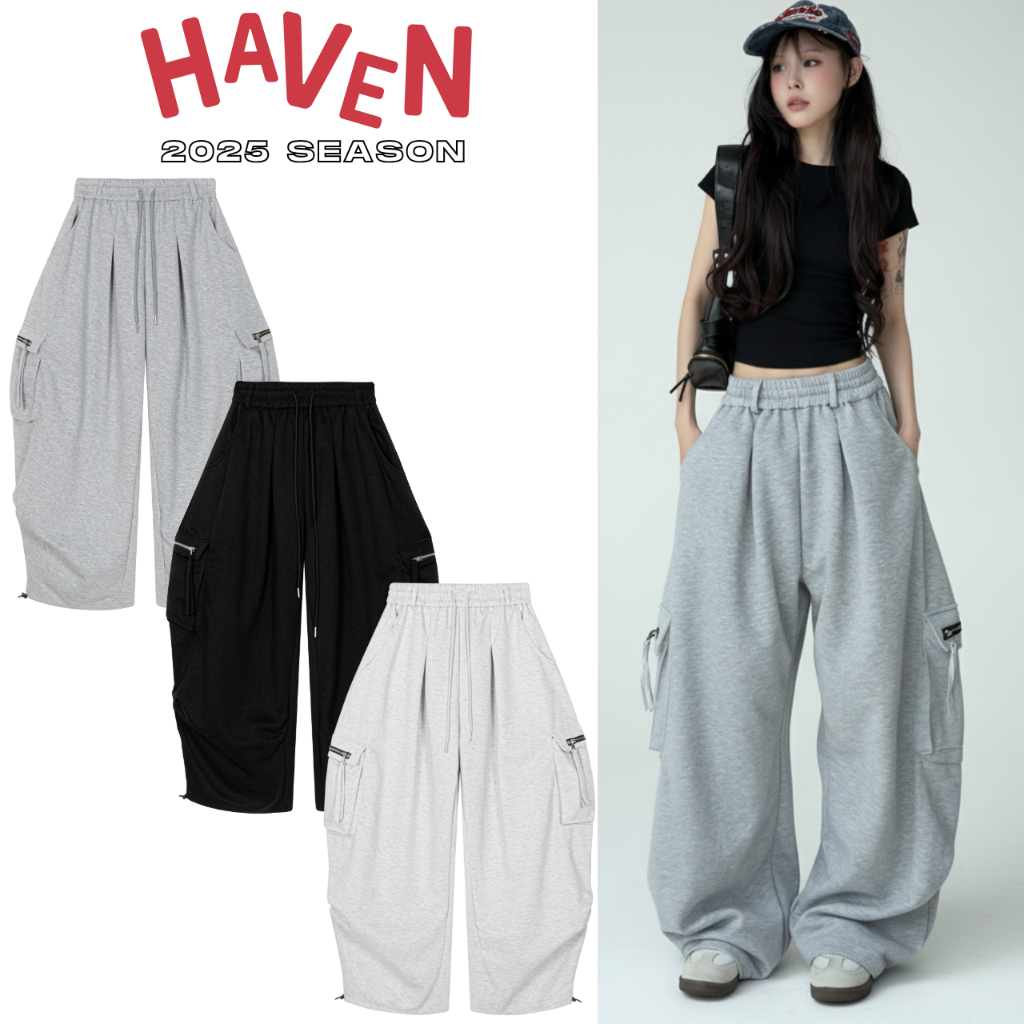Haven Studio กางเกงวอร์มคาร์โก้ขากว้าง สีเทา และสีดํา สไตล์ streetstyle