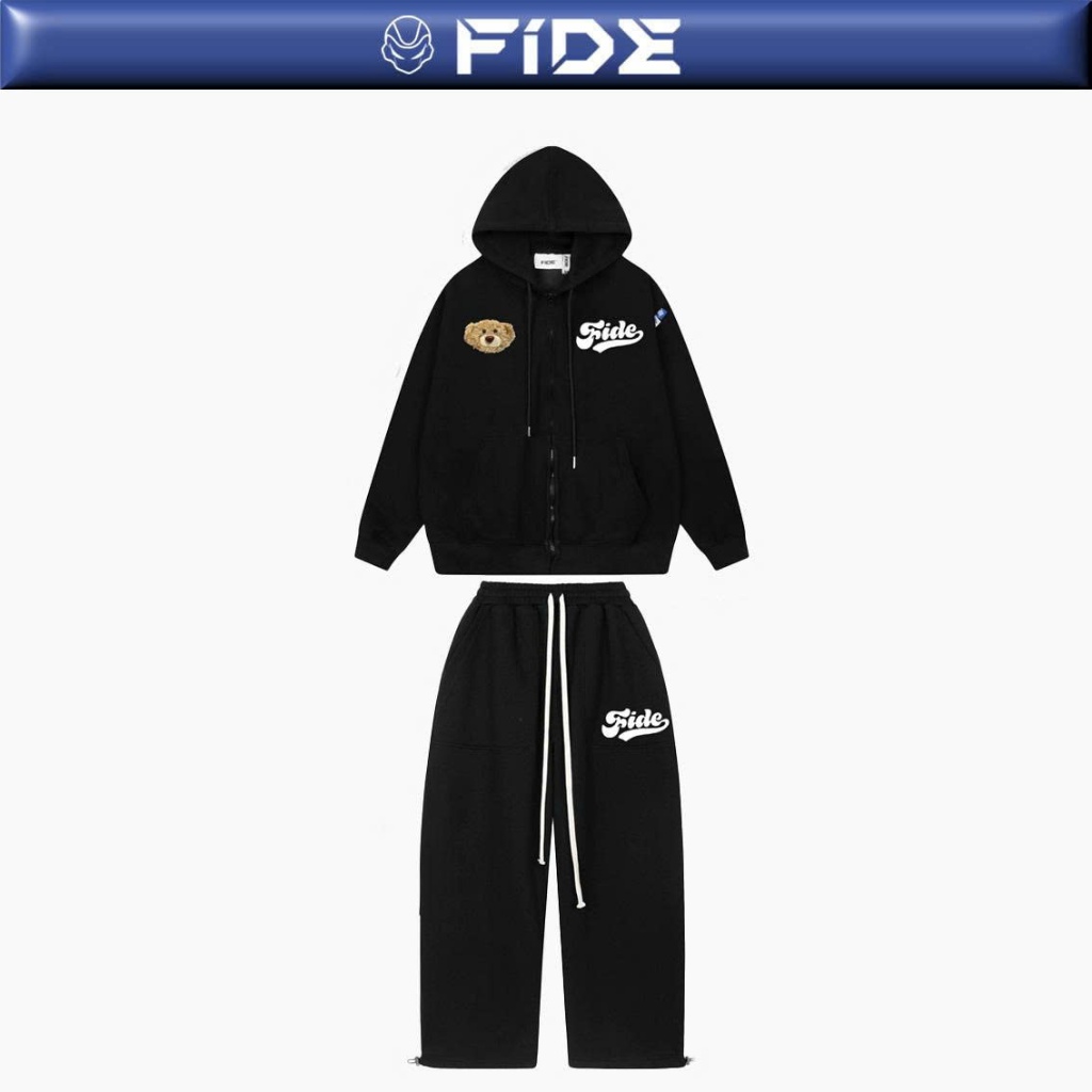 FIDÉ zip Hoodie Set Logo ปักเป็น PC ผ้าคอตตอน ทรงหลวม กันแดด unisex สําหรับผู้ชายและผู้หญิง CBZ02 (ม