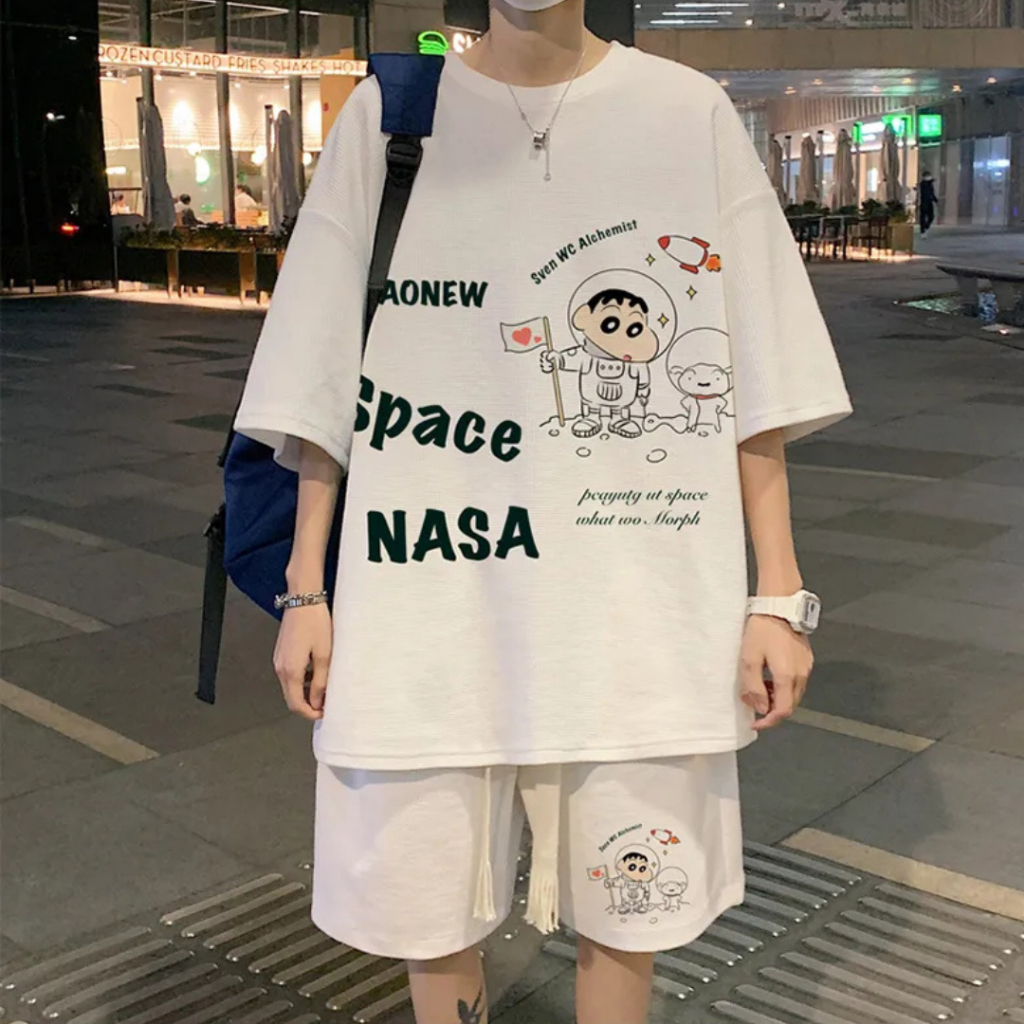 Space Letter พิมพ์ Unisex Tracksuit Sesame ตาข่ายรอบคอแขนสั้นสวมใส่ L1