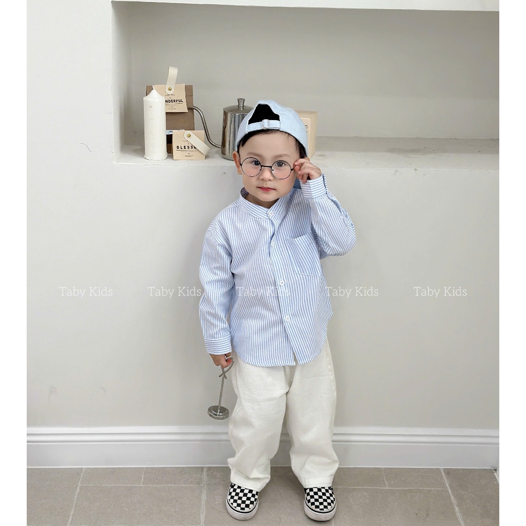 [TABY] SMALL FORM เสื้อเชิ้ตลายทางสีน้ําเงินแขนยาวขั้นพื้นฐาน ผ้านุ่ม ระบายอากาศได้ดี สําหรับเด็กชาย