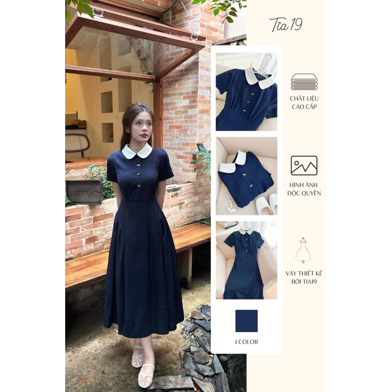 Mahina Dress Tia19 ชุดเดรสคอปกโบว์ยาว เดรสยาวโซมิสีเขียวถ่าน