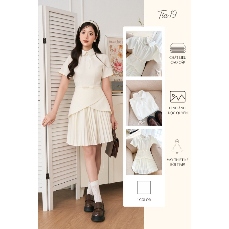 Oralie Dress Tia19 ชุดเดรสคอปกจับจีบแขนกุด เดรสขาวดีไซเนอร์