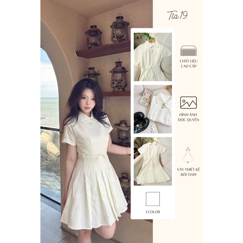 Amity Dress Tia19 ชุดเดรสคอปกจับจีบ เดรสอัดพลีทสีขาว