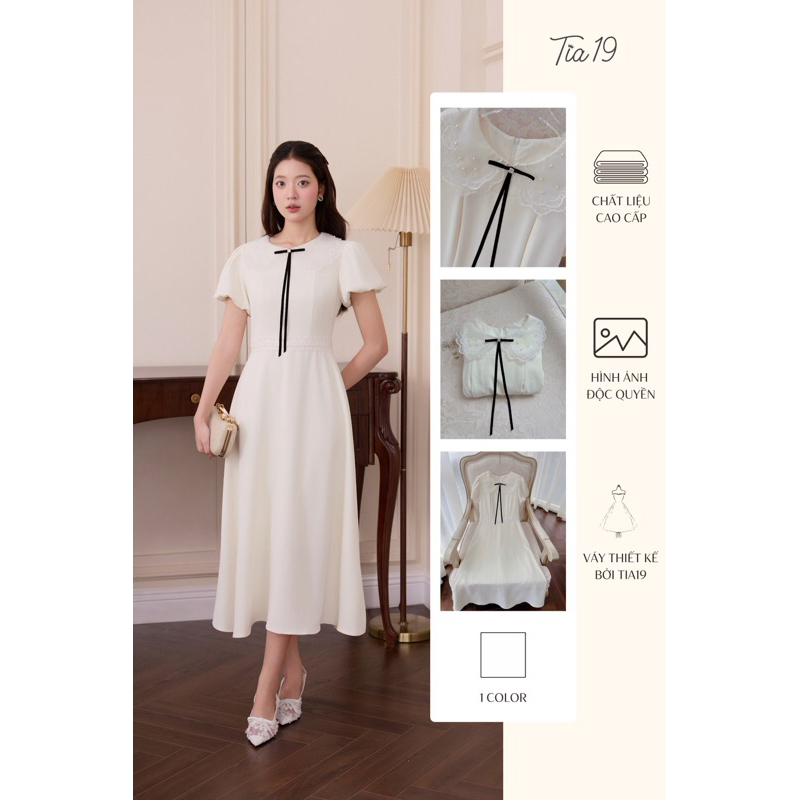 TIA19 Bella Dress Tia19 เดรสคอปกมุกยาว ชุดออกงานบานสีขาว