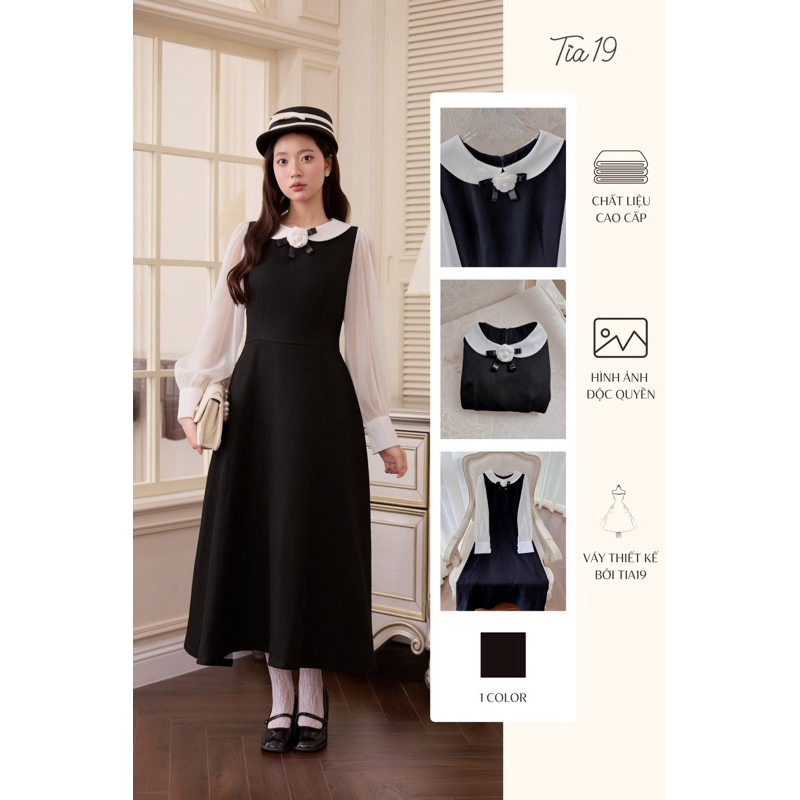 TIA19 ชุดเดรสคอปกผ้าไหมโซมิแขนยาว ออกแบบโดย Calantha Dress Tia19 ชุดเดรสโซมิแขนยาวสีดําสําหรับผู้หญิ