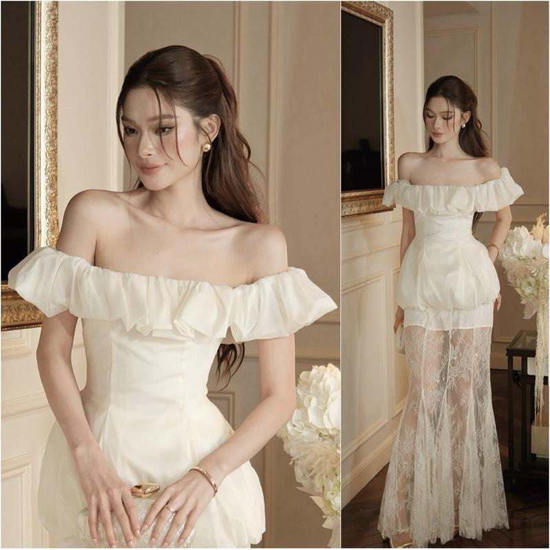 A126 Set เดรสเปิดไหล่จับจีบลูกไม้กระโปรงหางปลารูปหรูหราน่ารัก Akara Closet