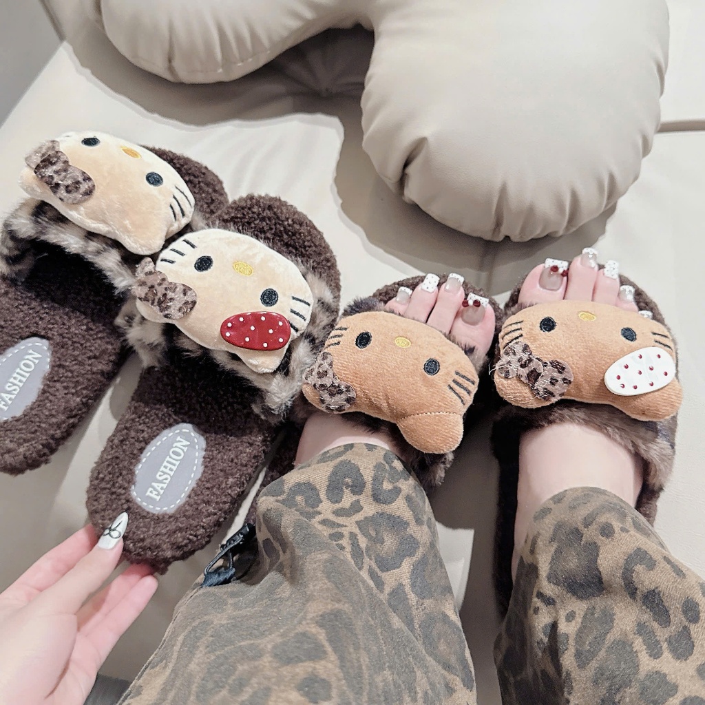 Kitty Leopard Fur Slippers 2P High Molded Sole Soft Fur คุณภาพสูง QC Products MT Shoes DN092