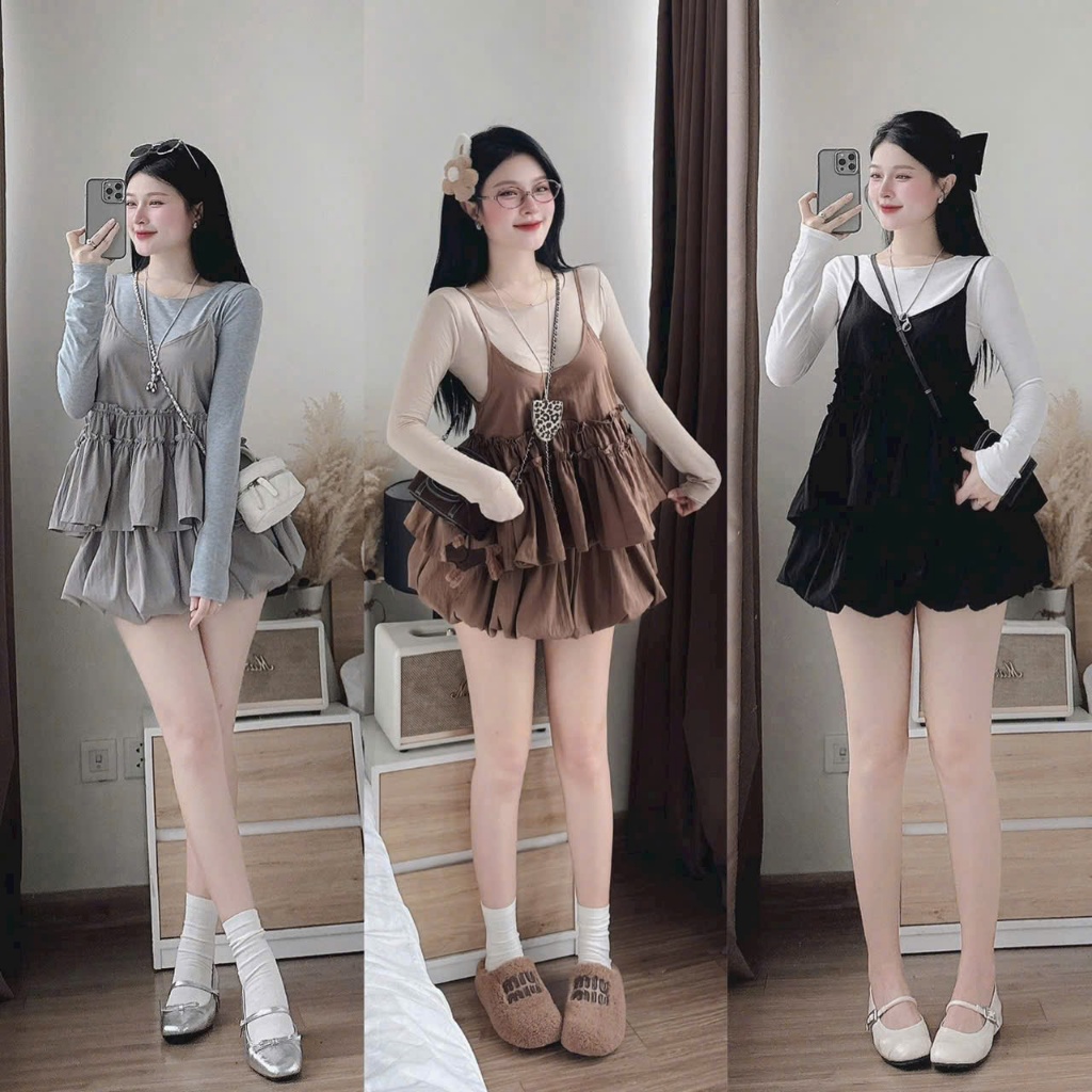 ชุด 3 สไตล์น่าเอ็นดูน่ารัก สําหรับเธอ 3 สี เสื้อคอกลมแขนยาวผ้าไหมชีฟอง พร้อมเสื้อ 2 ชิ้น + กระโปรงฟักทอง - เลขที่ ร้านค้า