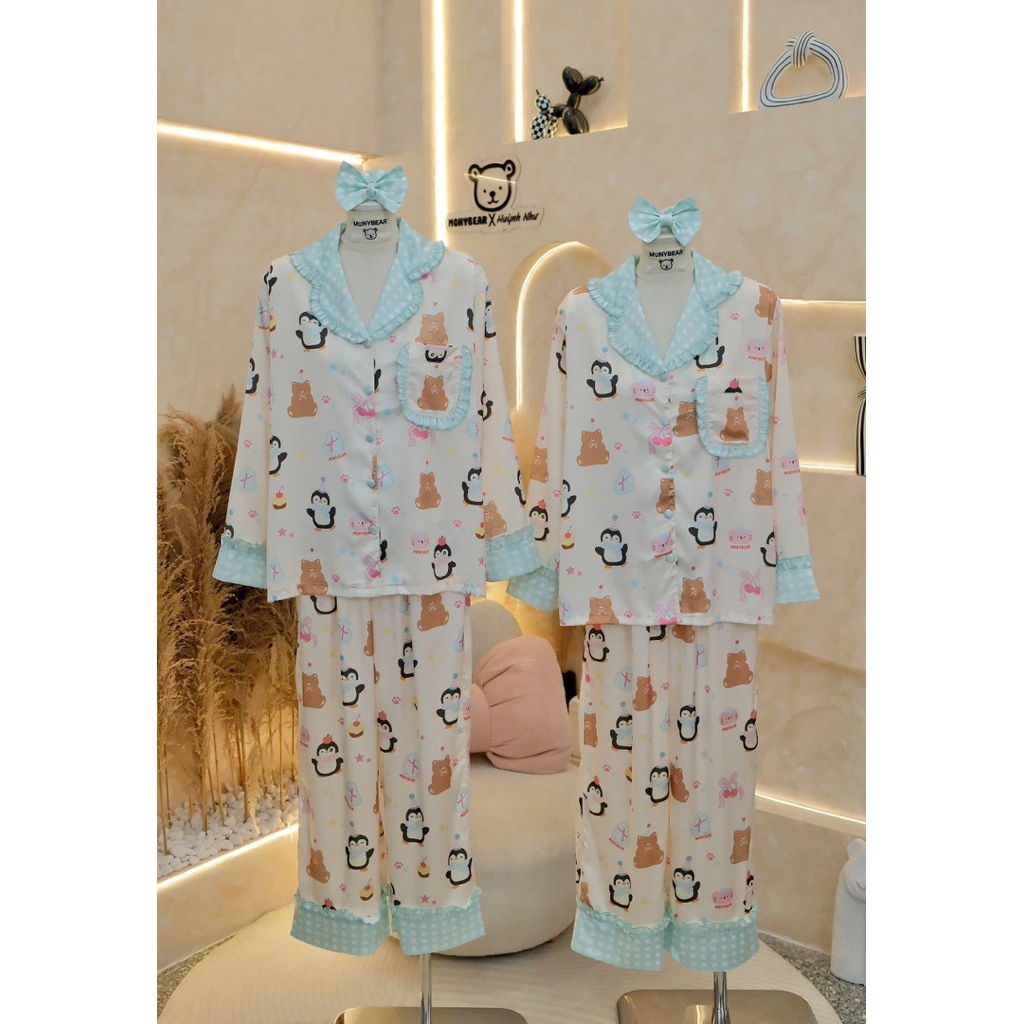 Monybear TDQD Pingu ชุดนอนคอปกพร้อมผ้าผูกผม - Hn3648
