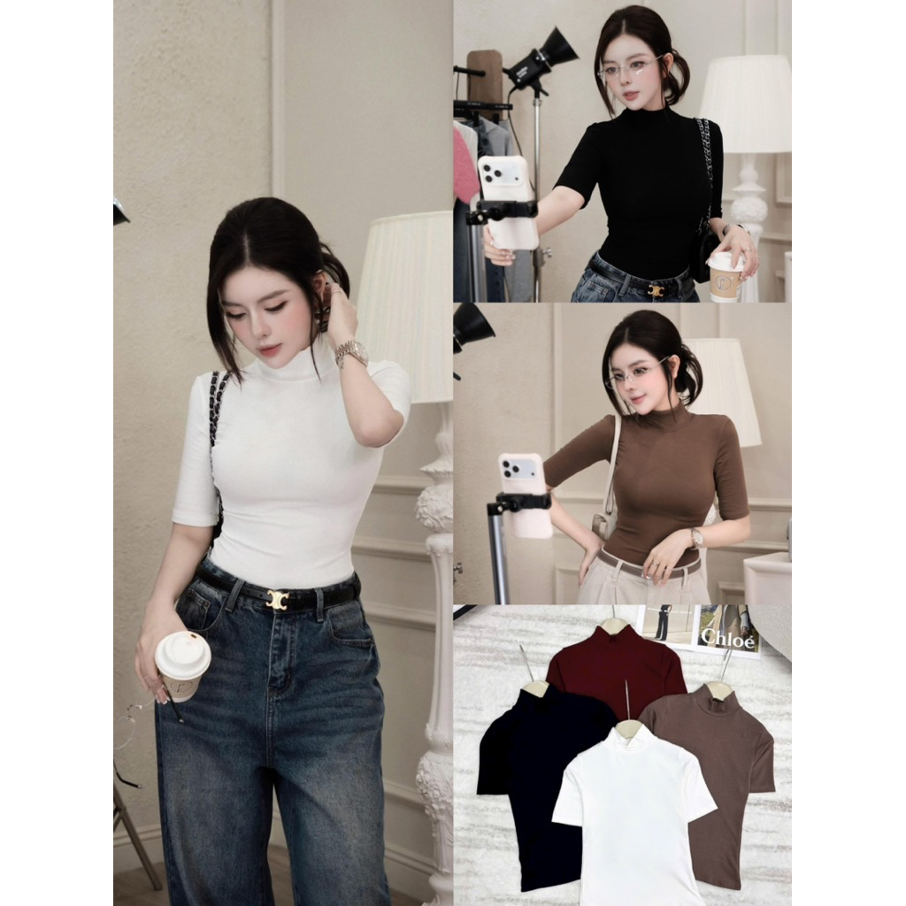 เสื้อยืดคอปก MPB 3p เสื้อยืดบัดครึ่งแขนคอสูง 3p วัสดุซิปยืดหยุ่นชั้นหนึ่ง - เสื้อยืดผู้หญิงธรรมดาขั้