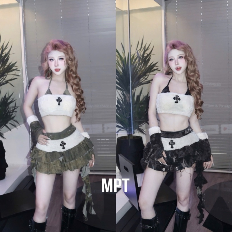 เซ็ตสายเดี่ยวยีนส์ขนเฟอร์ป้ายหน้าอกผสมกระโปรงบานปลาหมึก MPT