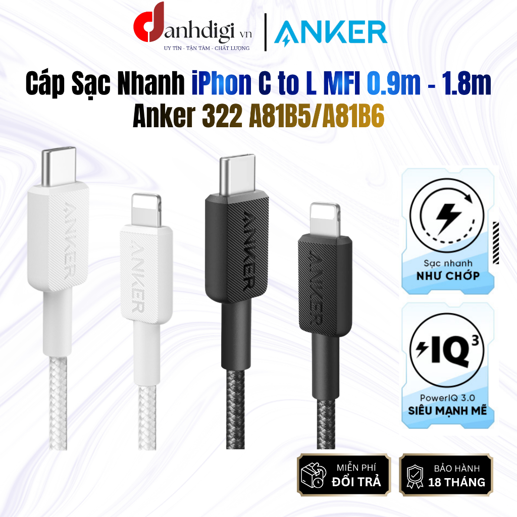 Anker 322 MFI C to L 30W สายชาร์จเร็ว A81B5/A81B6 ยาว 0.9M/1.8M สายไนลอนสําหรับชาร์จเร็วสําหรับรุ่น 
