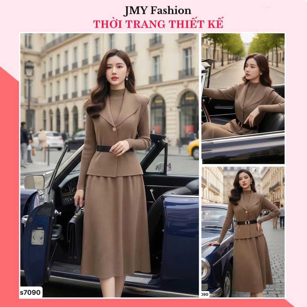 Ds7090 กระโปรงผ้าวูลสีน้ําตาล ชุดพร้อมคอปกเสื้อกั๊ก (มีเข็มขัดหนัง) [Dolce Viva Collection (DVC/ACC)