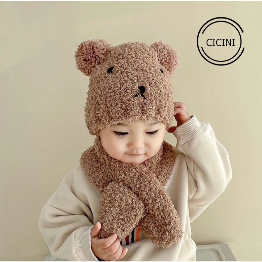 Cicini ชุดหมวกและผ้าพันคอขนสัตว์ รหัส T71 รูปหมีสําหรับเด็กชายและเด็กหญิงฤดูหนาวที่อบอุ่น