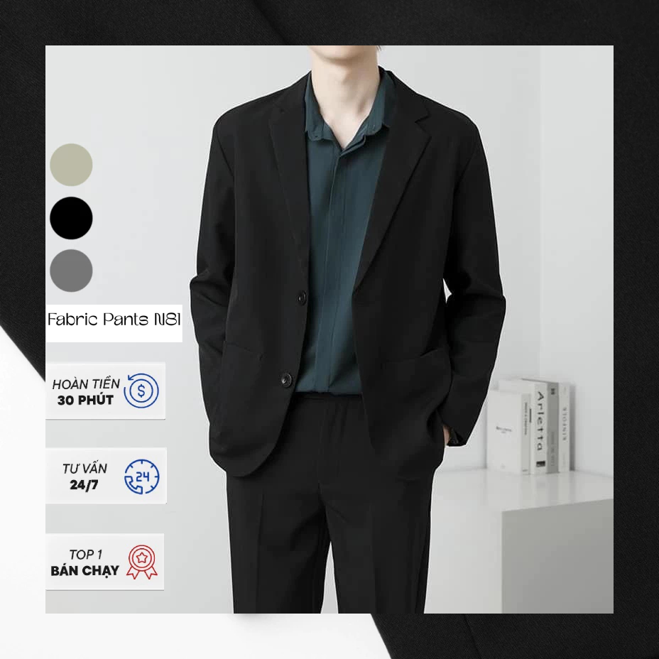 เสื้อแจ็คเก็ตเบลเซอร์ทรงหลวมผู้ชายเกาหลีสีดําครีมกางเกงผ้าแบรนด์2กระดุม N81