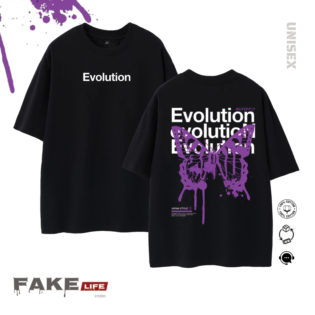 เสื้อยืดพิมพ์ลายคุณภาพสูง EVOLUTION รุ่นสําหรับผู้ชายและผู้หญิง ผ้าคอตตอน 100% ทรงหลวม unisex