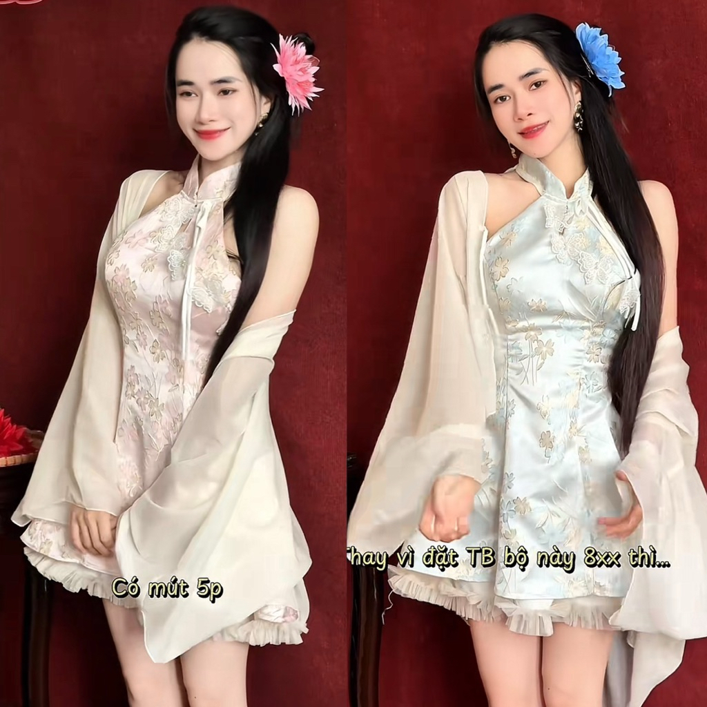 KPT2 เดรสกี่เพ้าผ้าปักลายดอกไม้คอปกสูงพร้อมเสื้อคลุมเลดี้ - ยกเบาะ ทรงเข้ารูป ปกหรูหรา