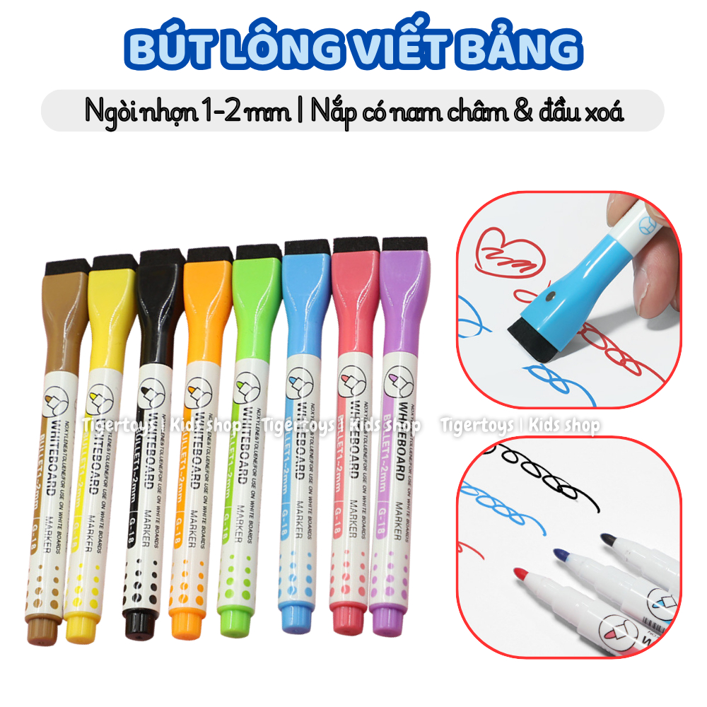 ปากกามาร์คเกอร์ ปากกาไวท์บอร์ดพร้อมแม่เหล็กขนาดใหญ่ ปลายปากกาแหลม ชุด 8 สี ไม่มีกลิ่น พร้อมปลายยางลบ ไทเกอร์ทอยส์