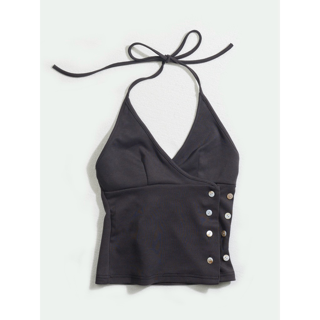ERRORIST Nacre Button Halter - เสื้อคอปกสายเดี่ยวกระดุมแม่มุกสีเทา 2 แถว