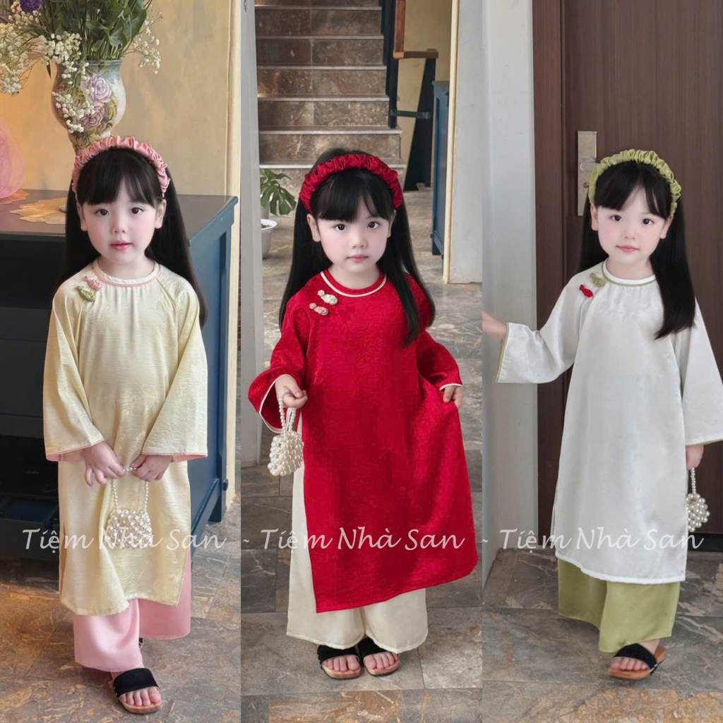 Tet Ao Dai สําหรับแม่และเด็ก ผ้า Xuan Huong Brocade - Nha San Shop มาพร้อมสร้อยคอ Mane และไข่มุก