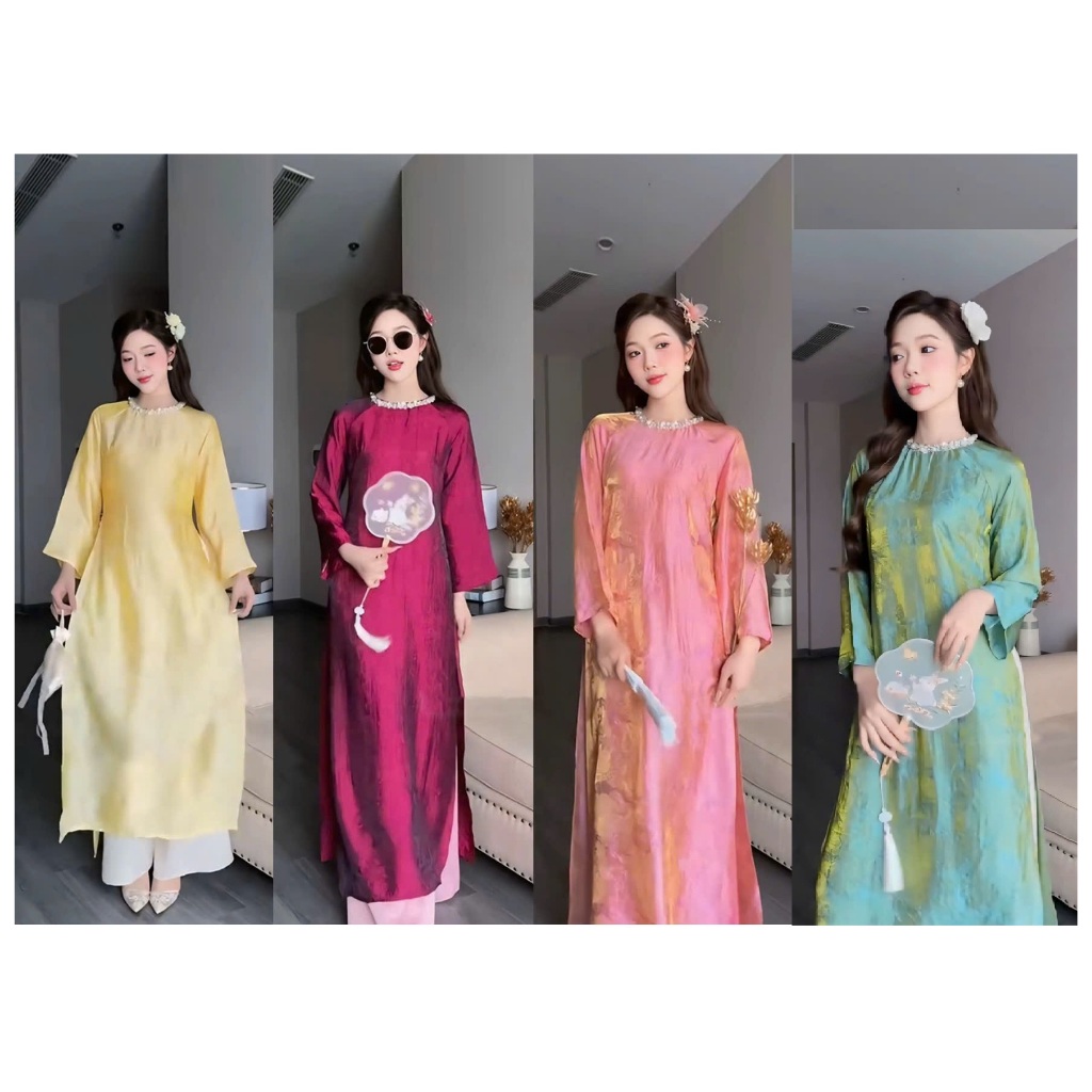 ผ้าไหม nha Xa คุณภาพสูง ao dai พร้อมคอลูกปัด ทรงหลวม หรูหรา หลากสี สําหรับผู้หญิงให้เลือก