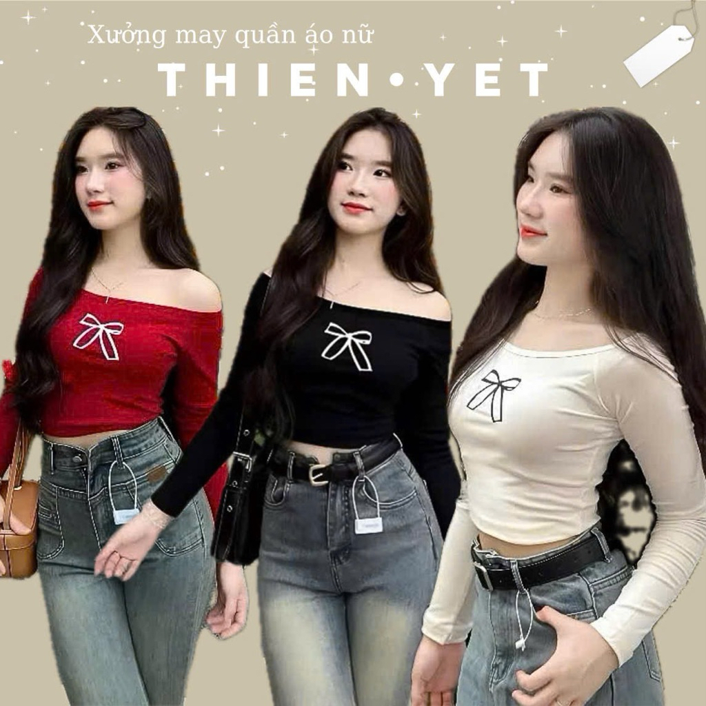 เสื้อครอปปาดไหล่แบนแขนยาวผูกโบว์พิมพ์ลาย MC (มีภาพจริง) บุคลิกภาพน่ารัก น่ารัก ที่รัก อินเทรนด์ - Thien Yet