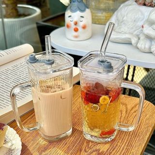 Ly Thuỷ Tinh Vuông Có Quai Nắp & Ống Hút 300ml – Uống Trà Chanh, Trà Sữa Cà Phê Tiện Lợi, Thiết Kế Sang Trọng