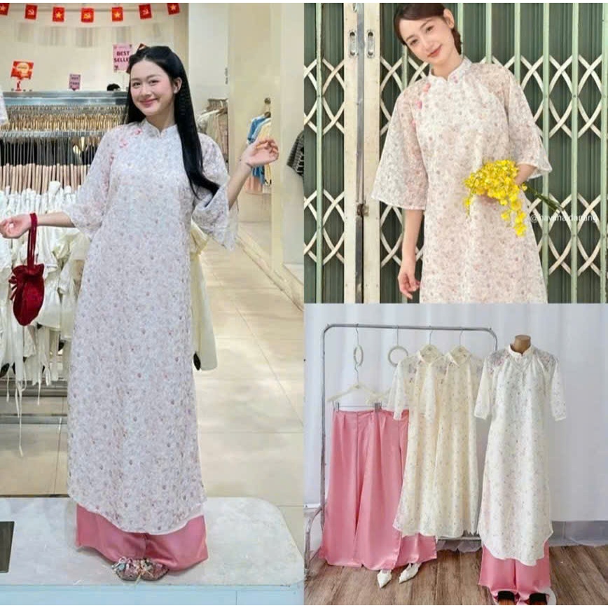 ฤดูใบไม้ผลิเบาๆน่าเอ็นดู ao dai Set คอเต่า ao dai แขนสั้น ลูกไม้ปักดอกเด็กสีชมพูและกระดุมห่อ+กางเกงห