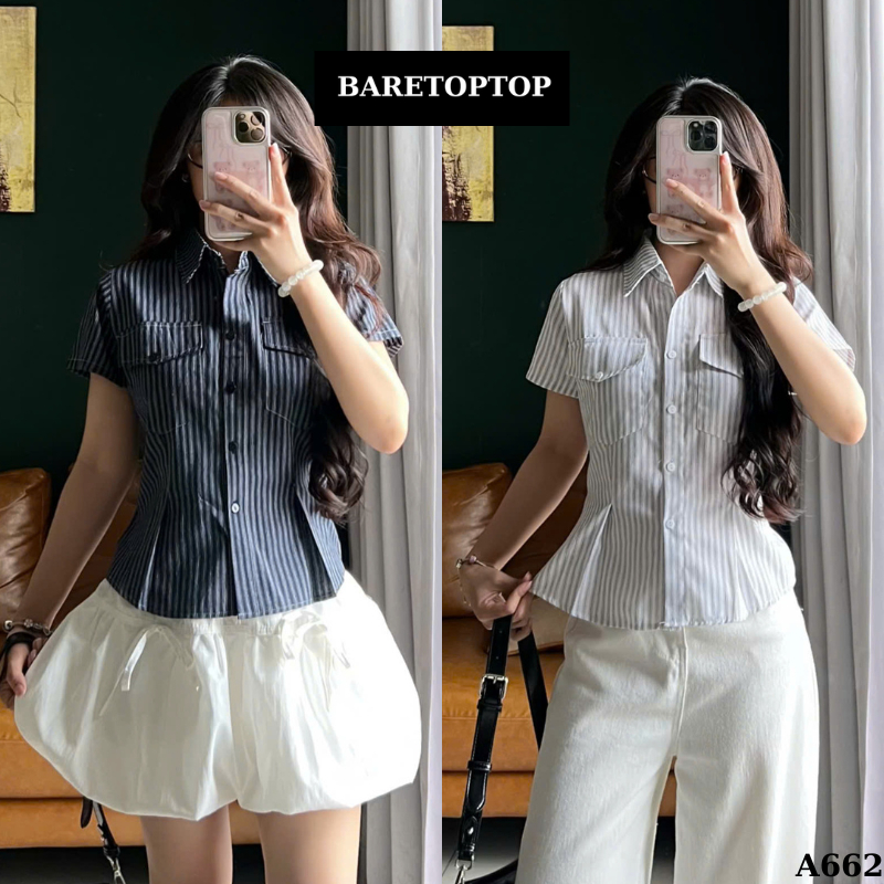 BARETOPTOP_เสื้อเชิ้ตผ้าลินินลายทางทรงตรงสําหรับผู้หญิง – คอปกเปิดลง, กระเป๋า 2 กระเป๋าพนัง, ชายจีบส
