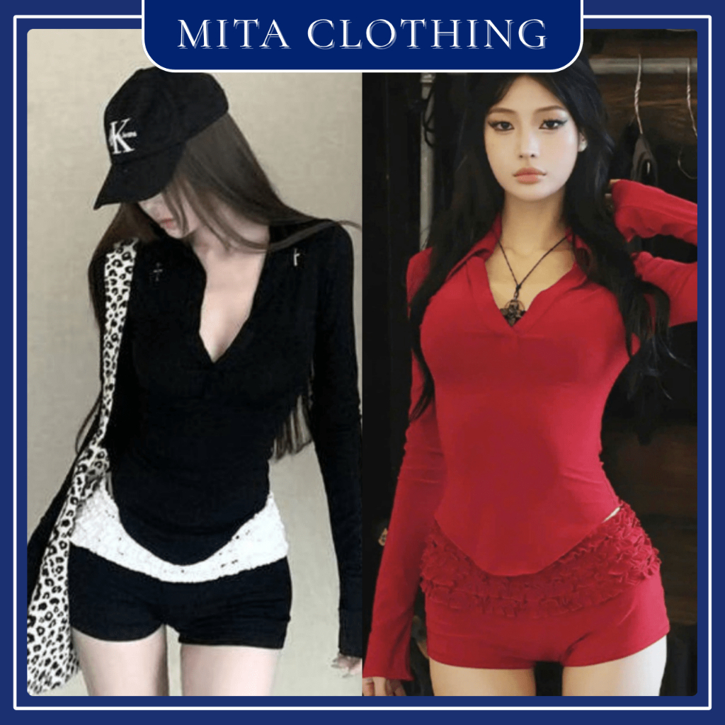 Y2K-Q13-mita.clothing ชุดเสื้อแขนกุดคอเต่าแขนยาวพร้อม Ruffles และกางเกงขาสั้นชั้น