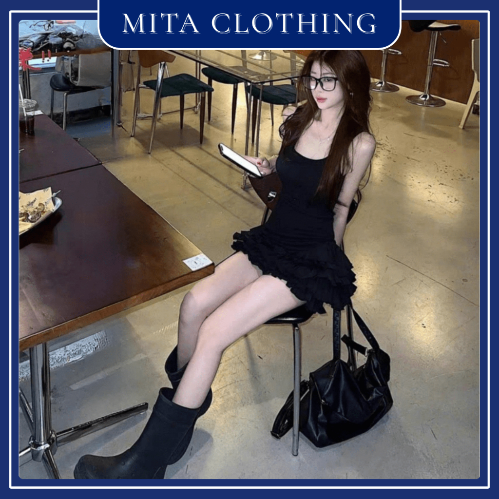 ชุดเดรสเข้ารูปสไตล์เกาหลีคอ U และเดรสหางปลาชั้นบาน-Q14-mita.clothing