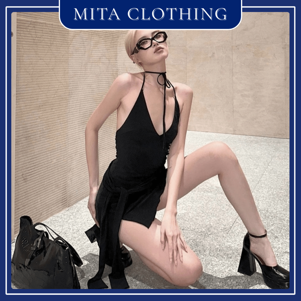 Y2K สไตล์ชุดปาร์ตี้เซ็กซี่ V คอ Backless Slit สั้น Bodycon Dress-Q36-mita.clothing
