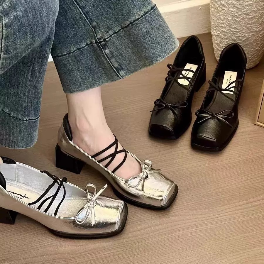 BauueBlume : Moodie Strap Mary Jane Square Toe Bow Tie High Heel Doll Shoes