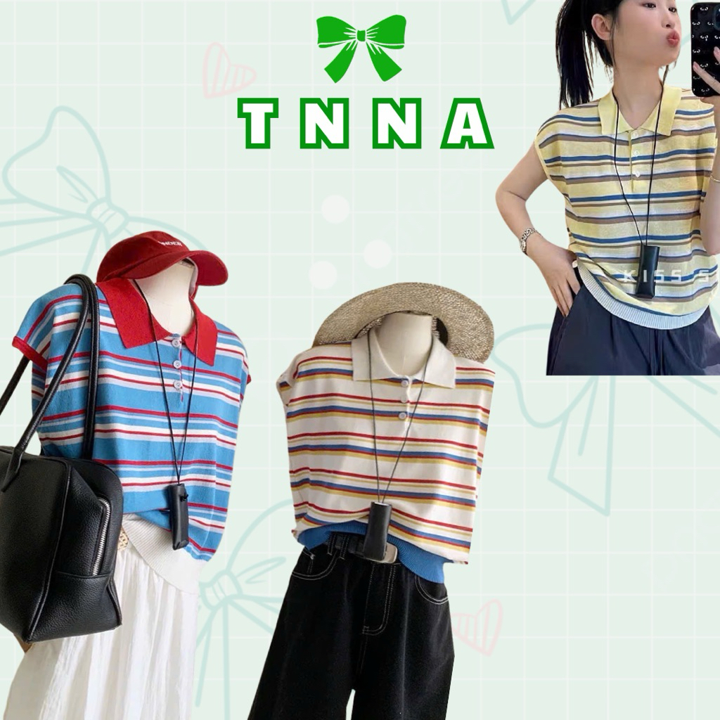 Tna_มาติน เสื้อโปโลผ้าขนสัตว์ผู้หญิงคอปกเปิดลงและแขนลายทาง – พร้อมสายอุปกรณ์เสริมคอน่ารัก