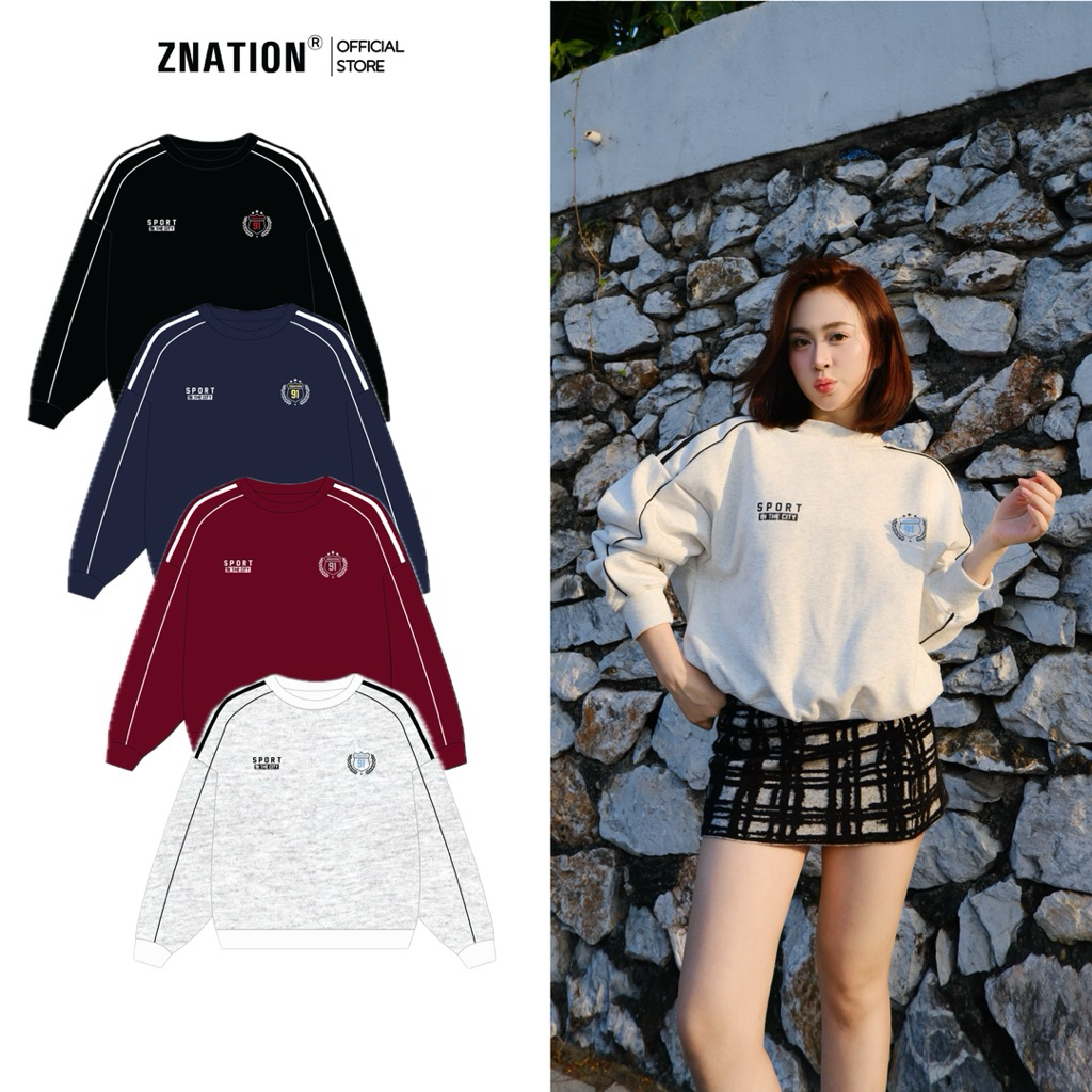 ZNATION Form Boxy เสื้อสเวตเตอร์คอกลมสําหรับผู้ชายและผู้หญิงพิมพ์ลายผ้าไหม