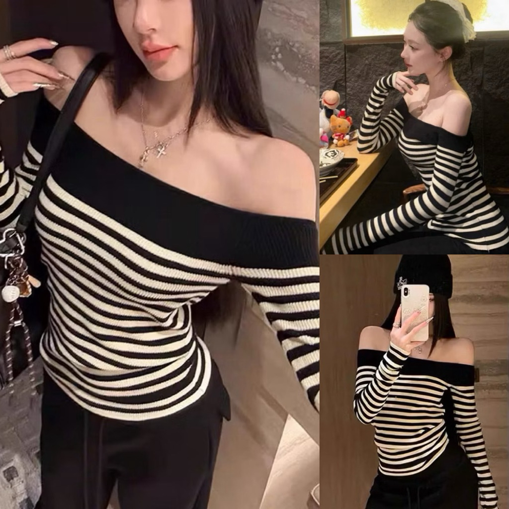 เสื้อเชิ้ตเปิดไหล่ LUXURY STRIPED S6631