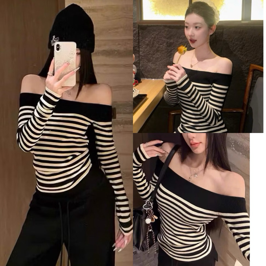 FALL-Winter OFF-Shoulder T-SHIRT ส่วนบุคคล STRIPED COLOR, EXTREMELY LUXURY แขนยาว FORM S6631