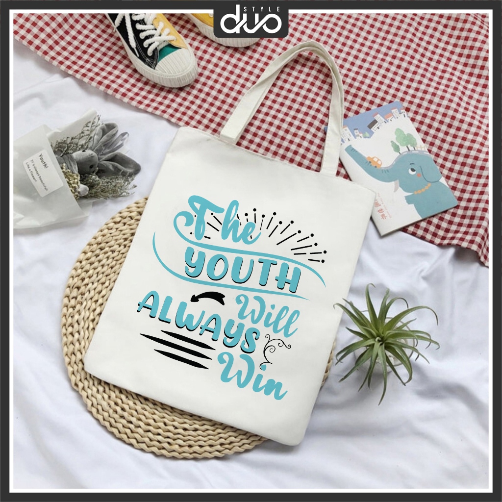 The Youth Will Always Win" กระเป๋าผ้าแคนวาส มีตัวล็อคที่เป็นมิตร ขนาด 32 x 38cm