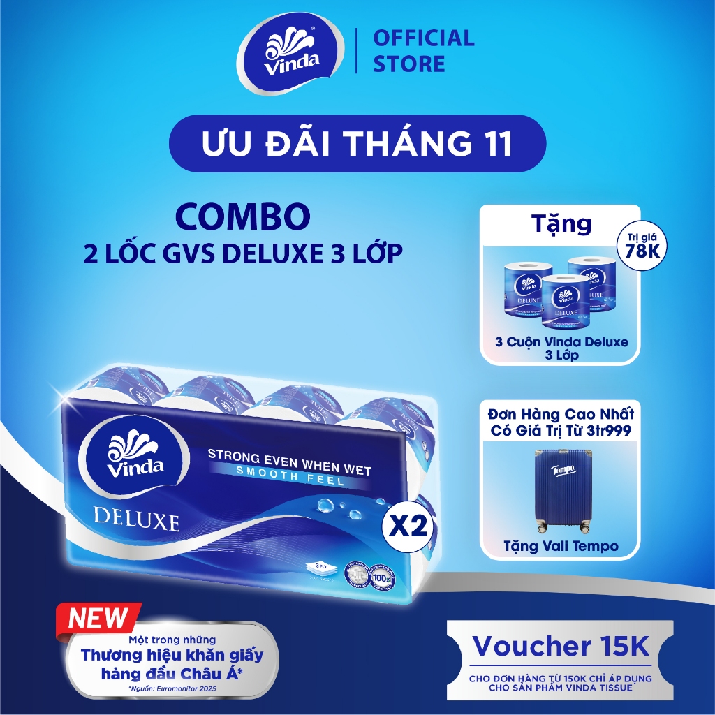 [ซื้อ 2 LOTS OF GVS DELUXE GET 3 ROLLS OF GVS DELUXE] Vinda Deluxe กระดาษชําระระดับพรีเมียม 3 ชั้น (